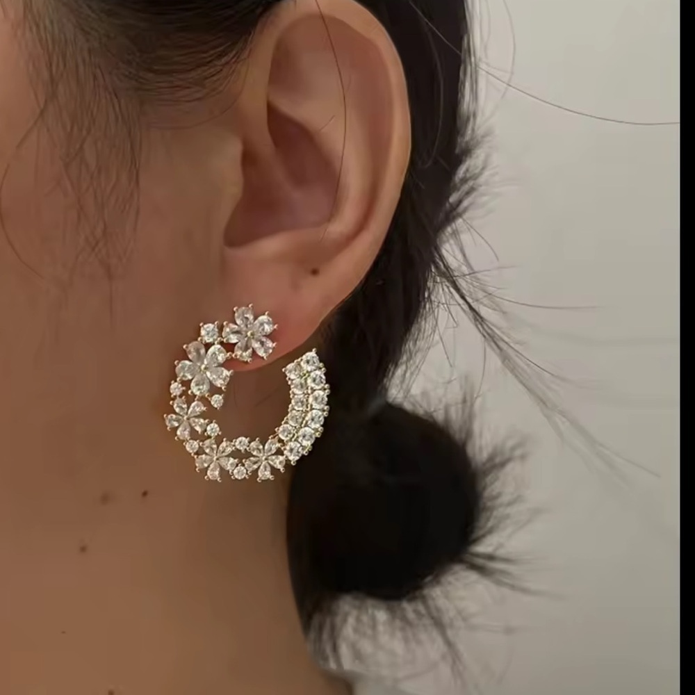 Floral Crescent Diamond Statement Earrings - Picture 4 of 7